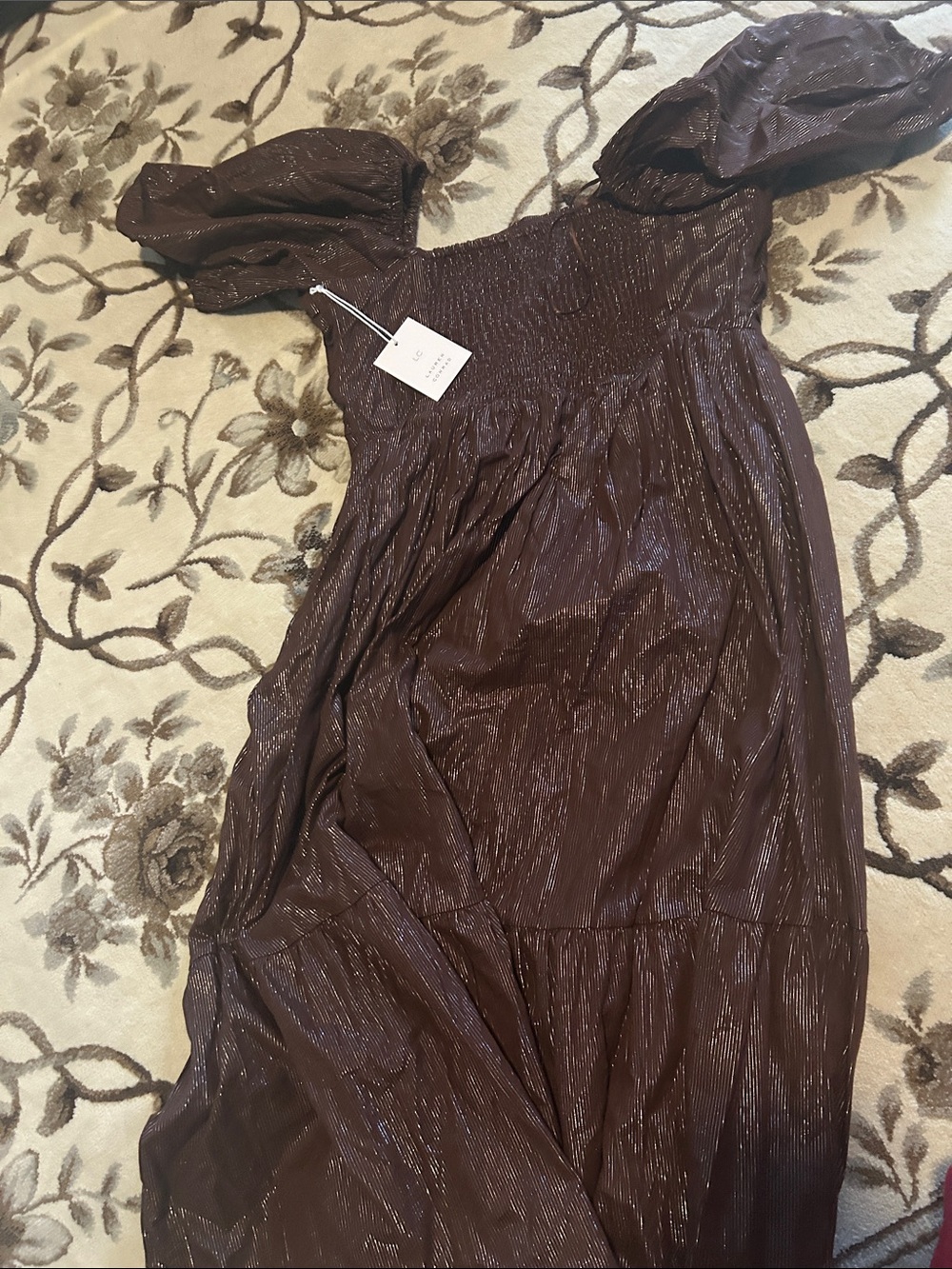 LC Lauren Conrad Brown Shimmer Puff-Sleeve Midi Dress